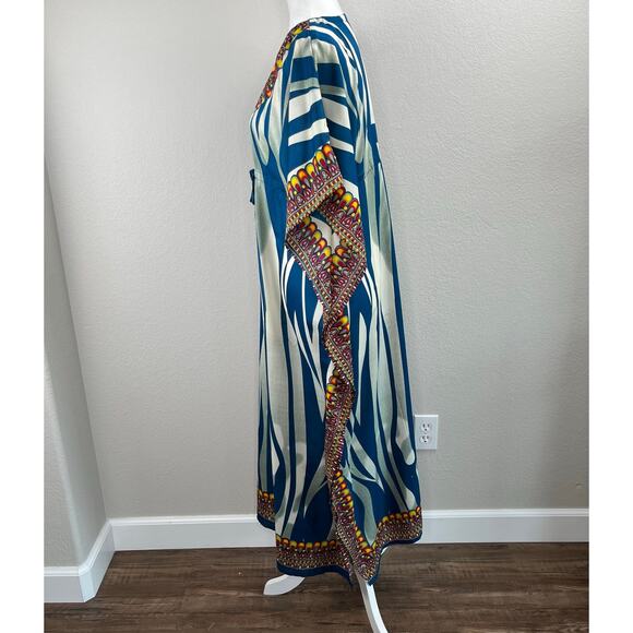 Shoreline Wear Blue Multi Abstract Animal Stripe Cinched Kaftan Midi Dress OS - Picture 10 of 16
